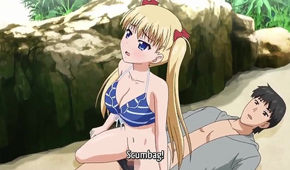Bikini-clad teen blondie fucks a guy on a b each