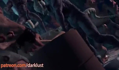 Amazing babe Lara Croft got into trouble with horny monsters