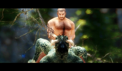 Beefy guy fucking a reptilian creature in a beautiful forest