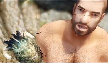 Beefy guy fucking a reptilian creature in a beautiful forest