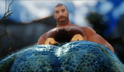 Beefy guy fucking a reptilian creature in a beautiful forest