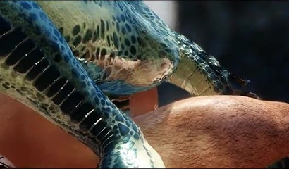 Beefy guy fucking a reptilian creature in a beautiful forest